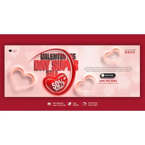 Happy Valentine's Day discount sale Facebook cover and social media post template