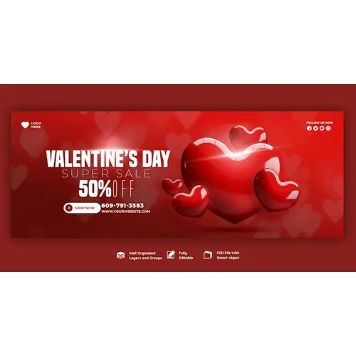 Happy Valentine's Day discount sale Facebook cover and social media post template