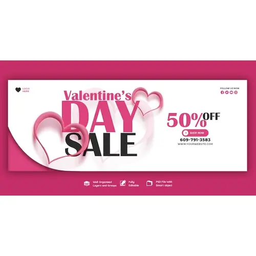 Happy Valentine's Day discount sale Facebook cover and social media post template