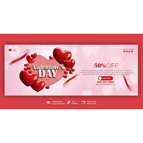 Happy Valentine's Day discount sale Facebook cover and social media post template