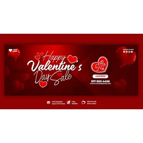 Happy Valentine's Day discount sale Facebook cover and social media post template