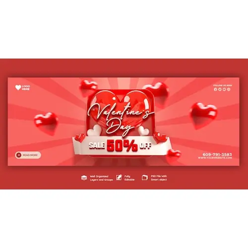 Happy Valentine's Day discount sale Facebook cover and social media post template
