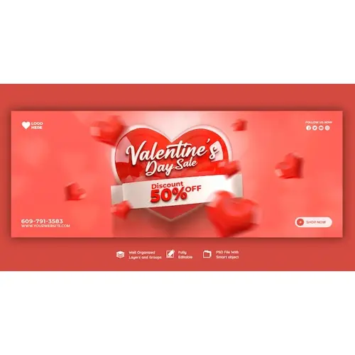 Happy Valentine's Day discount sale Facebook cover and social media post template