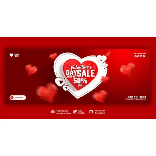 Happy Valentine's Day discount sale Facebook cover and social media post template