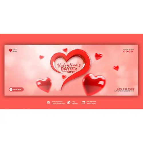 Happy Valentine's Day discount sale Facebook cover and social media post template
