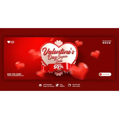 Happy Valentine's Day discount sale Facebook cover and social media post template