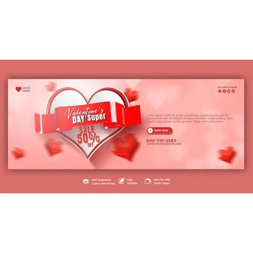 Happy Valentine's Day discount sale Facebook cover and social media post template