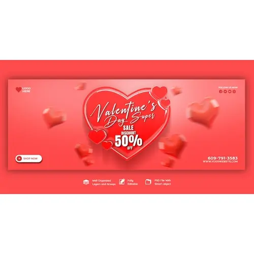 Happy Valentine's Day discount sale Facebook cover and social media post template
