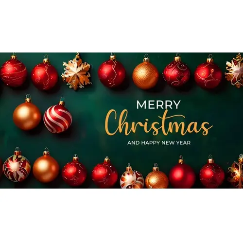 Merry christmas facebook cover template with red christmas ornaments hanging on a christmas tree