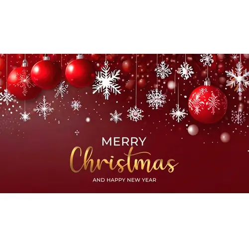 Merry christmas facebook cover template with red christmas ornaments hanging on a christmas tree
