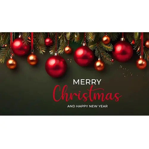 Merry christmas facebook cover template with red christmas ornaments hanging on a christmas tree