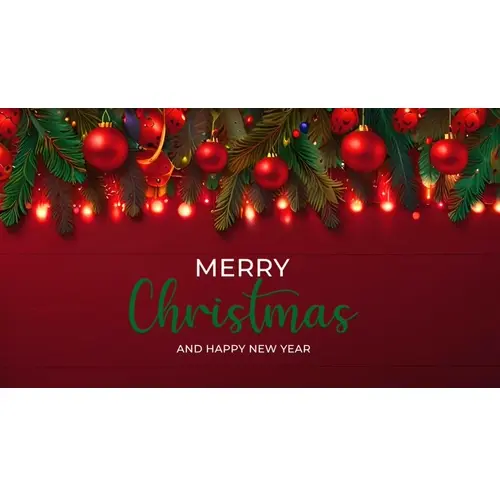 Merry christmas facebook cover template with red christmas ornaments hanging on a christmas tree