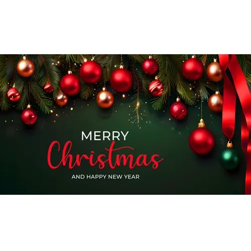 Merry christmas facebook cover template with red christmas ornaments hanging on a christmas tree