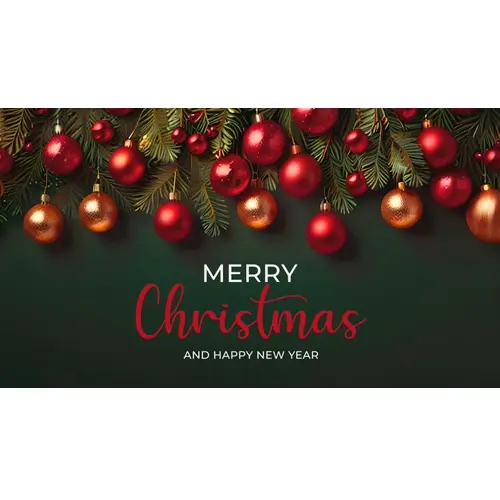 Merry christmas facebook cover template with red christmas ornaments hanging on a christmas tree