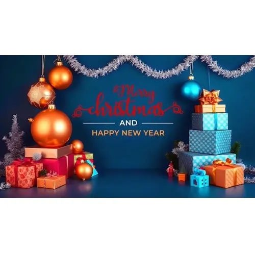 Merry christmas facebook cover template with red ornaments pine branches and wrapped gifts