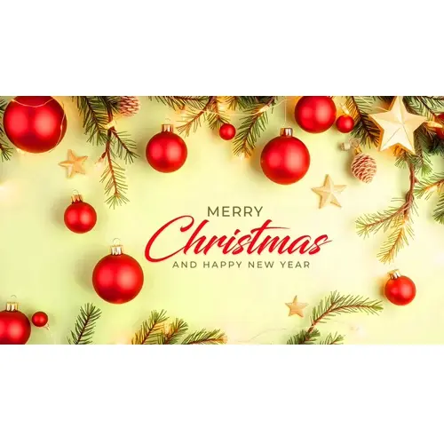 Merry christmas facebook cover template with red ornaments pine branches and wrapped gifts