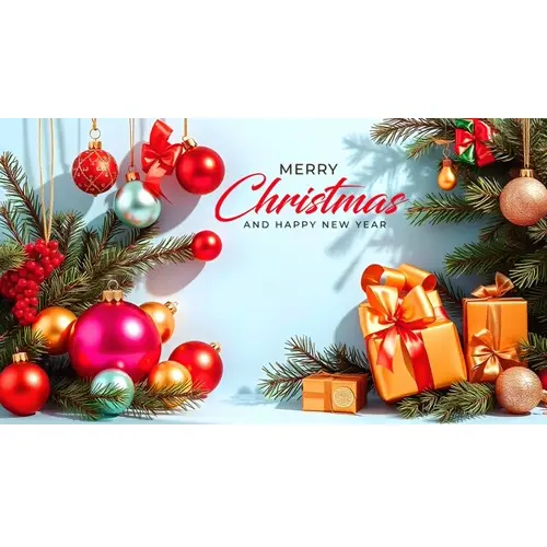 Merry christmas facebook cover template with red ornaments pine branches and wrapped gifts