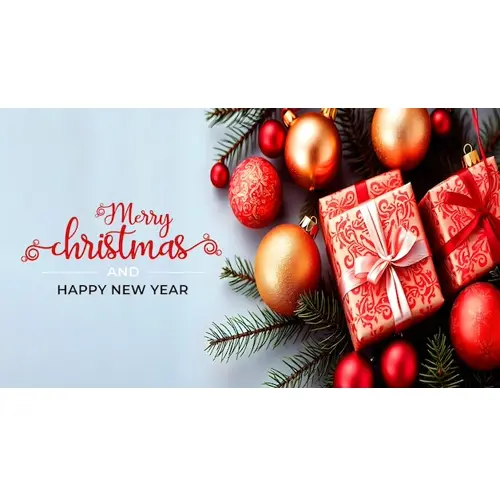 Merry christmas facebook cover template with red ornaments pine branches and wrapped gifts
