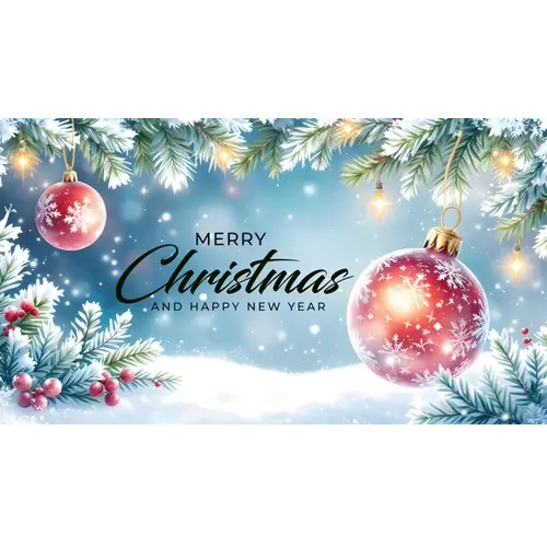 Merry Christmas facebook cover with hanging christmas ball snowflakes and decorated background