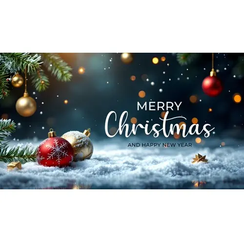 Merry Christmas facebook cover with hanging christmas ball snowflakes and decorated background