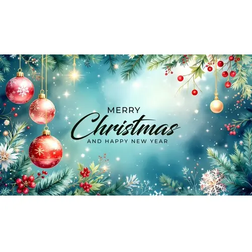 Merry Christmas facebook cover with hanging christmas ball snowflakes and decorated background
