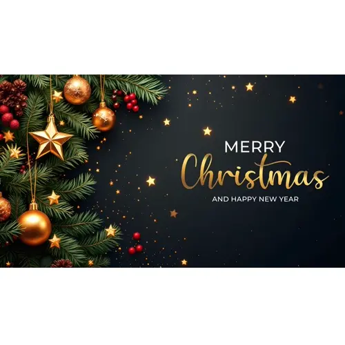 Merry Christmas facebook cover with hanging christmas ball snowflakes and decorated background