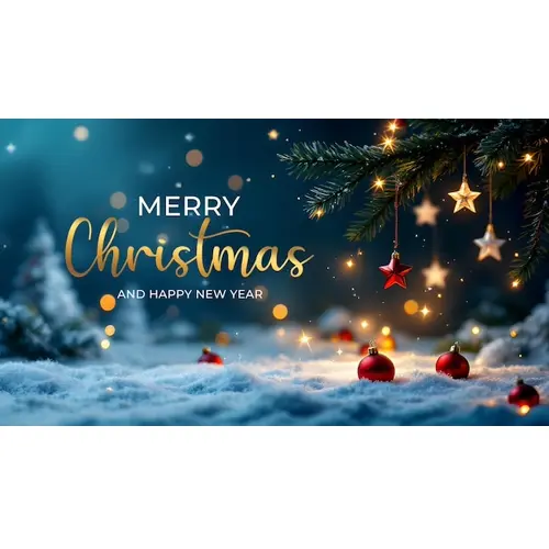 Merry Christmas facebook cover with hanging christmas ball snowflakes and decorated background