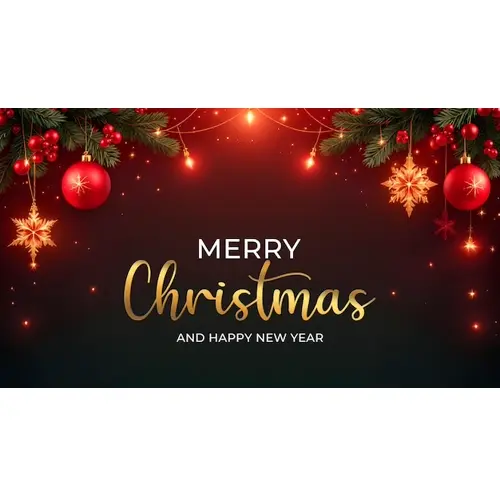 Merry Christmas facebook cover with hanging christmas ball snowflakes and decorated background