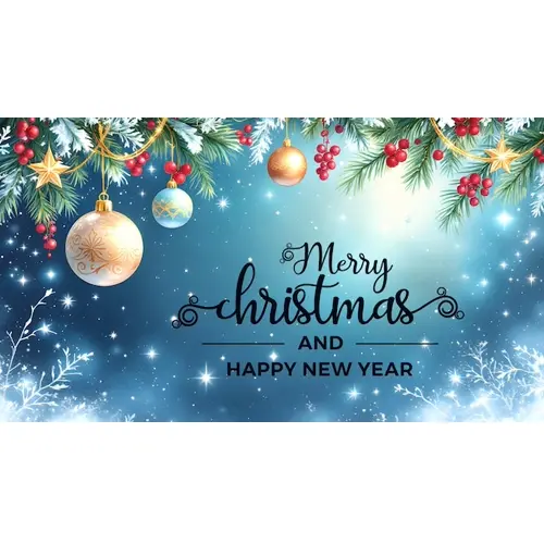 Merry Christmas facebook cover with hanging christmas ball snowflakes and decorated background