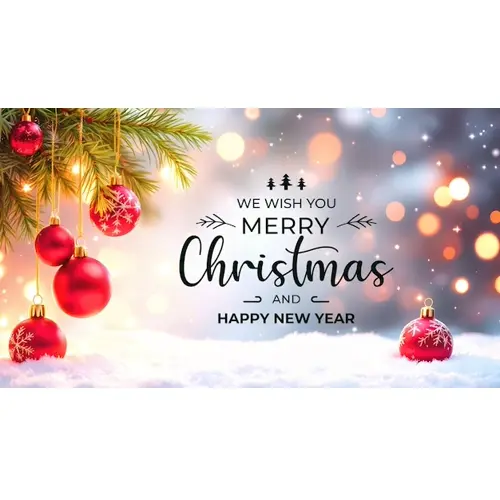 Merry Christmas facebook cover with hanging christmas ball snowflakes and decorated background