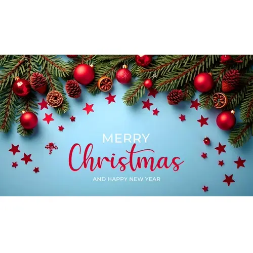 Merry christmas facebook cover with pine branches snowflakes and various christmas decorations