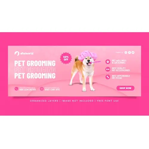 Pet shop grooming care social media post facebook cover banner template
