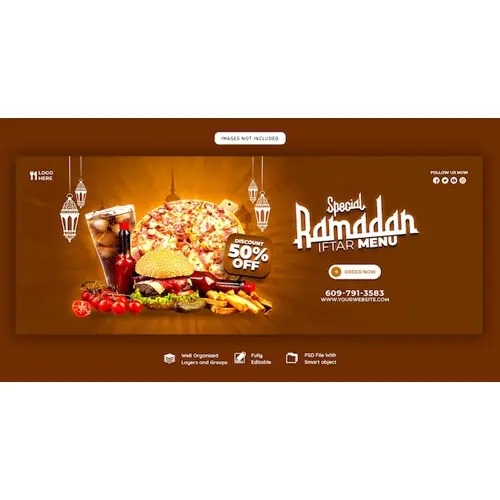Special Ramadan Kareem food and iftar menu Facebook cover banner template