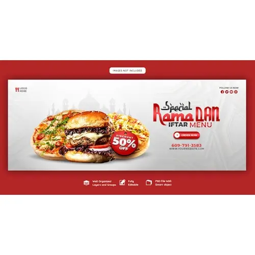 Special Ramadan Kareem food and iftar menu Facebook cover banner template