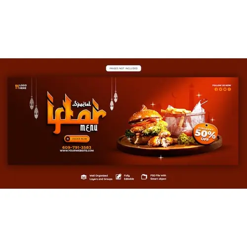 Special Ramadan Kareem food and iftar menu Facebook cover banner template