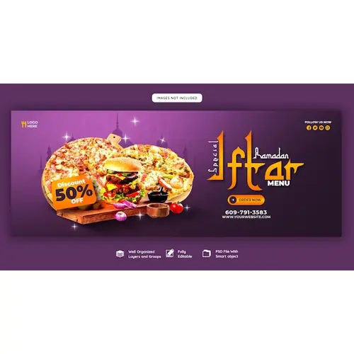 Special Ramadan Kareem food and iftar menu Facebook cover banner template