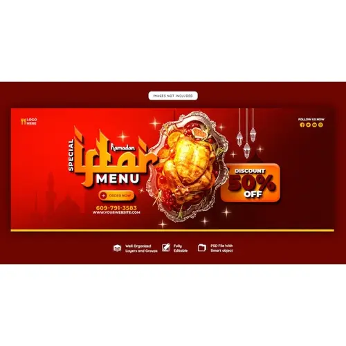 Special Ramadan Kareem food and iftar menu Facebook cover banner template