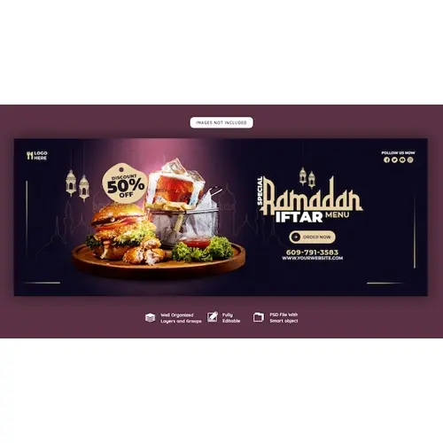 Special Ramadan Kareem food and iftar menu Facebook cover banner template