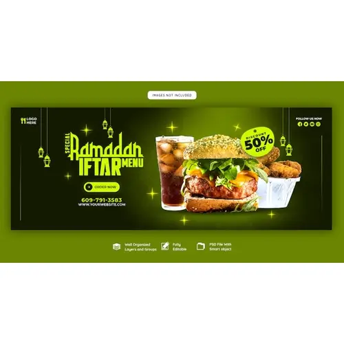 Special Ramadan Kareem food and iftar menu Facebook cover banner template