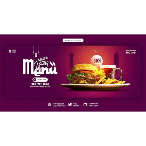 Special Ramadan Kareem food and iftar menu Facebook cover banner template