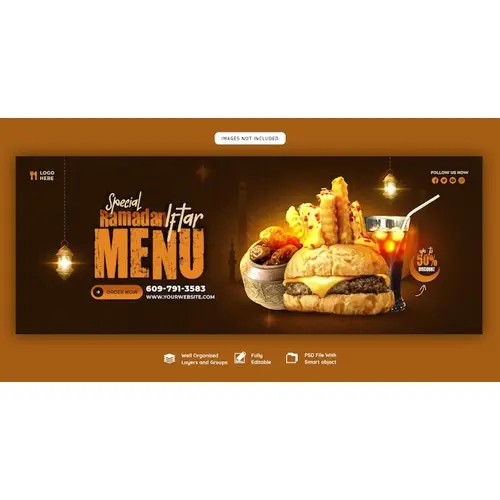 Special Ramadan Kareem food and iftar menu Facebook cover banner template