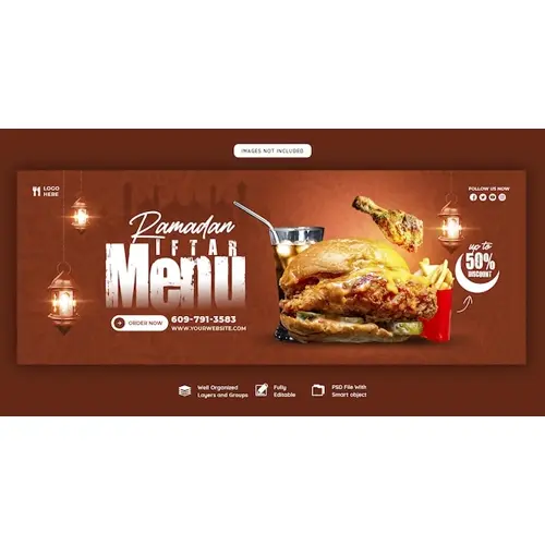 Special Ramadan Kareem food and iftar menu Facebook cover banner template