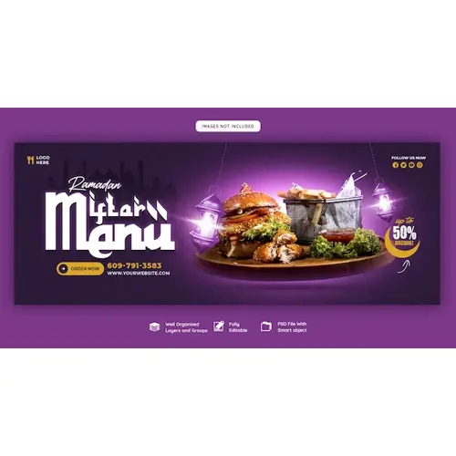 Special Ramadan Kareem food and iftar menu Facebook cover banner template