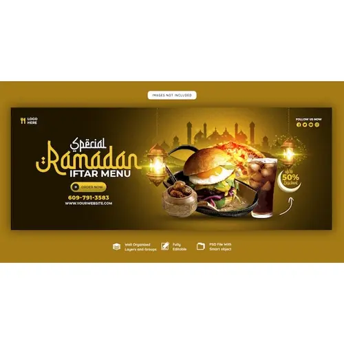 Special Ramadan Kareem food and iftar menu Facebook cover banner template