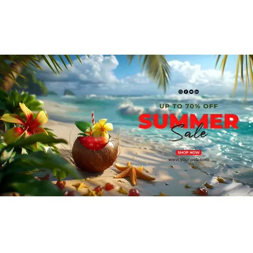 Summer day facebook cover template with summer elements and realistic beach background
