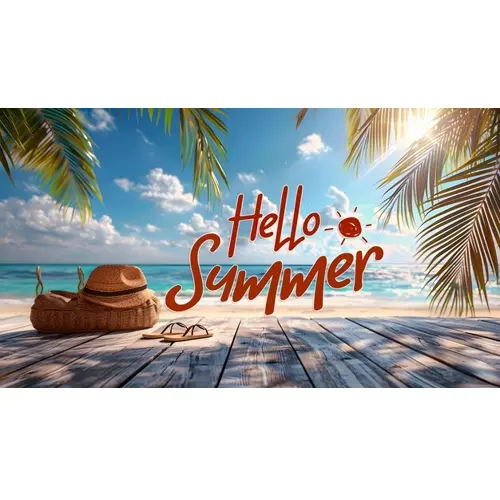 Summer day facebook cover template with summer elements and realistic beach background
