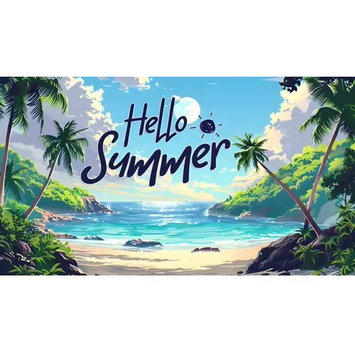 Summer day facebook cover template with summer elements and realistic beach background