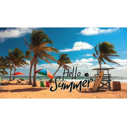 Summer day facebook cover template with summer elements and realistic beach background