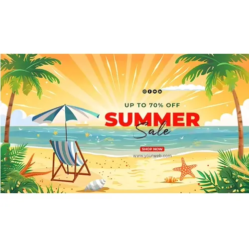Summer day facebook cover with summer element and colorful picture of beach scene