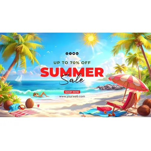Summer day facebook cover with summer element and colorful picture of beach scene